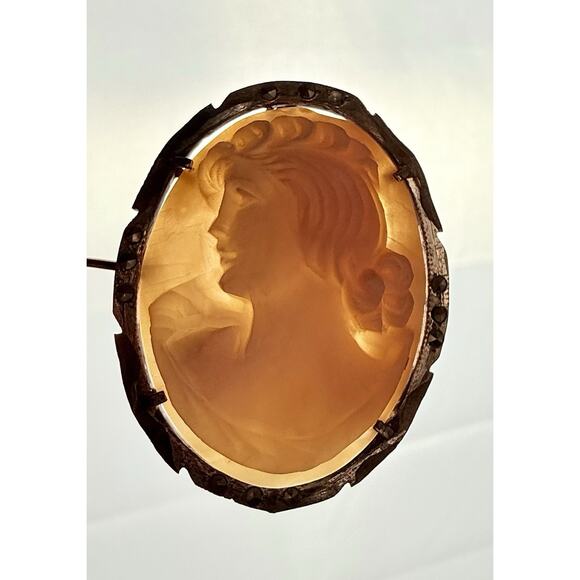 Vtg Cameo Carved Shell Pendant Brooch Lady Left Profile Italy 800 Silver Lg - Picture 3 of 9